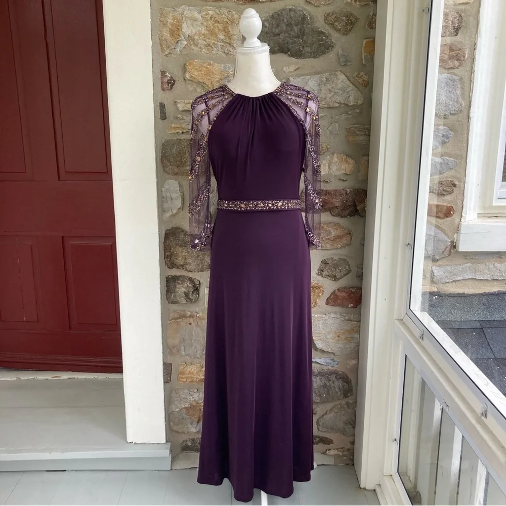 TERANI EVENING M1447 Embellished Beaded Jersey Sheer Sleeve Gown Womens 8 - Picture 2 of 16